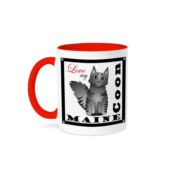 3dRose, Love My Maine Coon Cat - Silver Tabby, 11oz Two-Tone Red Mug