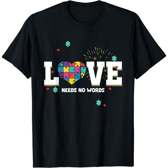 Love Needs No Words Heart Autism Awareness Puzzle Ribbon T-Shirt