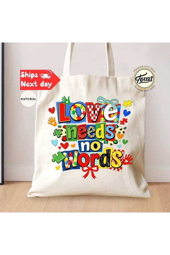 Love Needs No Words Tote Bag Autism Bow Gift Bag