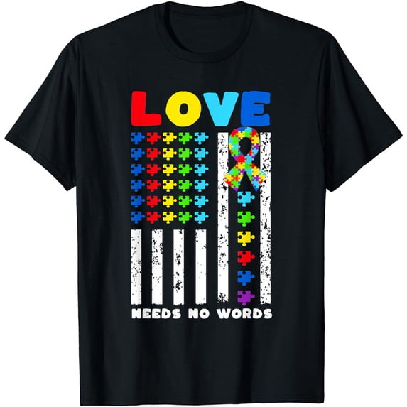 Love Needs No Words US American Flag Autism Puzzle Autistic T-Shirt