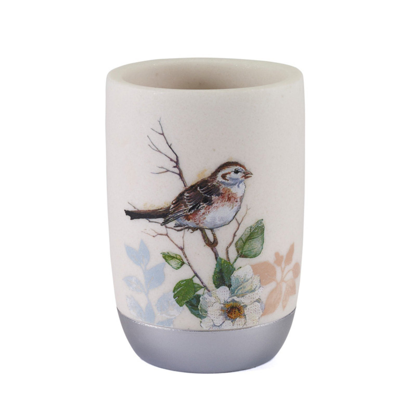 Ivory Resin Bird and Branch Tumbler with Metallic Border