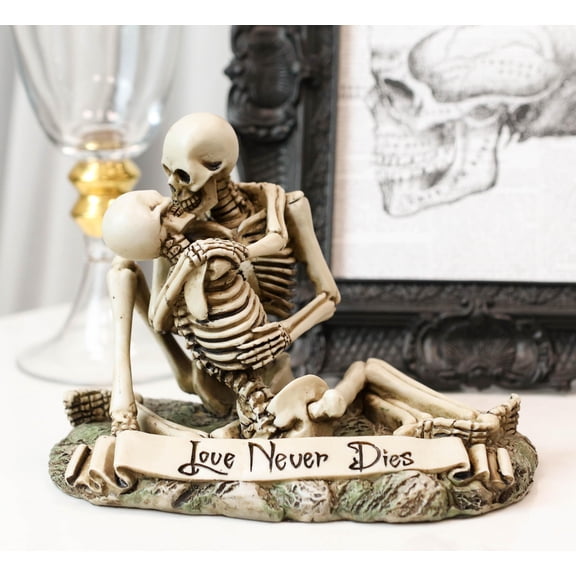 Love Never Dies Day Of The Dead Skeleton Couple Kissing By The Graveyard Statue
