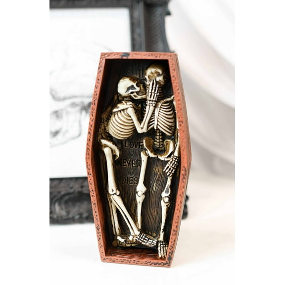Love Never Dies Day Of The Dead Skeleton Couple Kissing Inside Coffin Statue