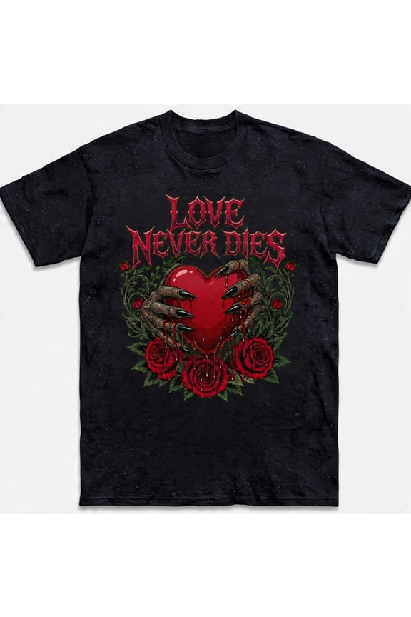Love Never Dies Gothic Red Heart T-shirt, Roses Horror Emo Valentines Day Tee