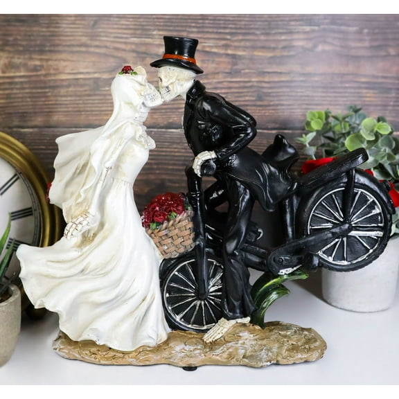Love Never Dies Skeleton Bridal Couple Kissing On Bicycle W Rose Basket Figurine
