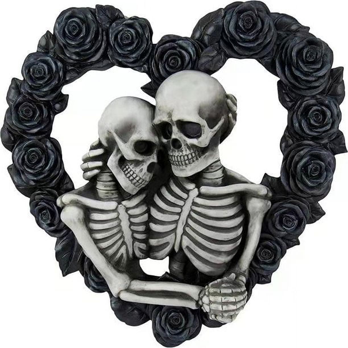 Love Never Dies Skeleton Couple Embracing in A Heart Shaped Black