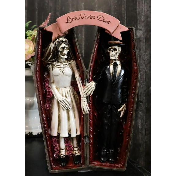 Love Never Dies Skeleton Wedding Couple Holding Hands Inside Coffins Figurine