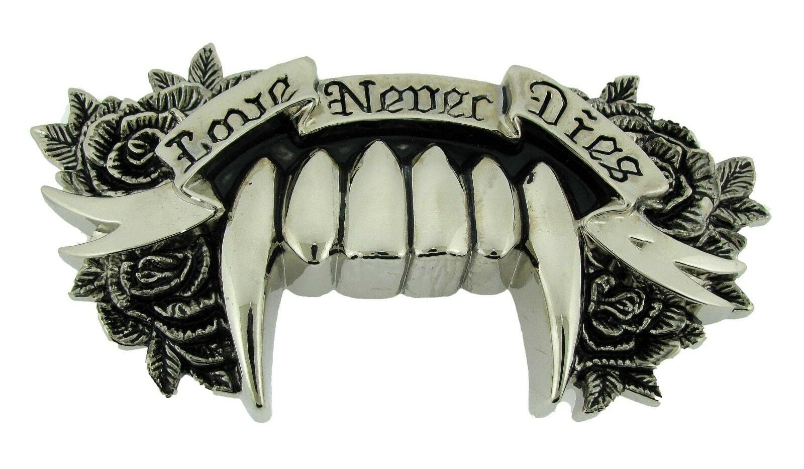 Love Never Dies Text Silver Chrome Belt Buckle Rock Rebel Fang