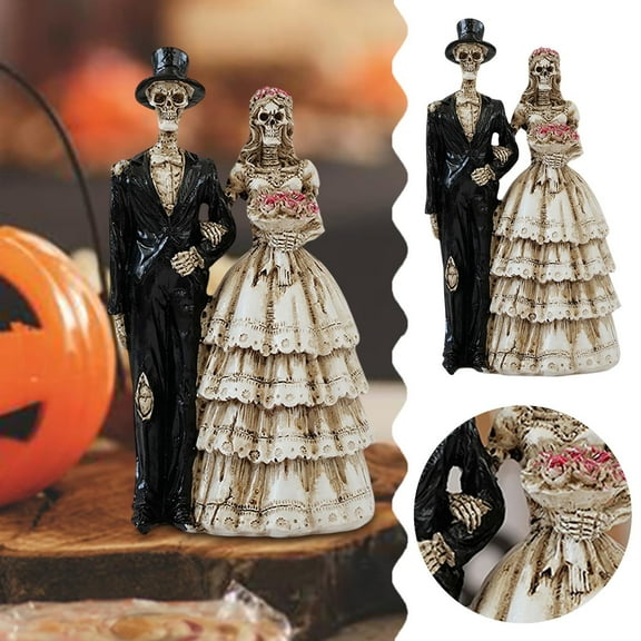6 Inch Steampunk Skeleton Wedding Couple Statue Figurine, Brown