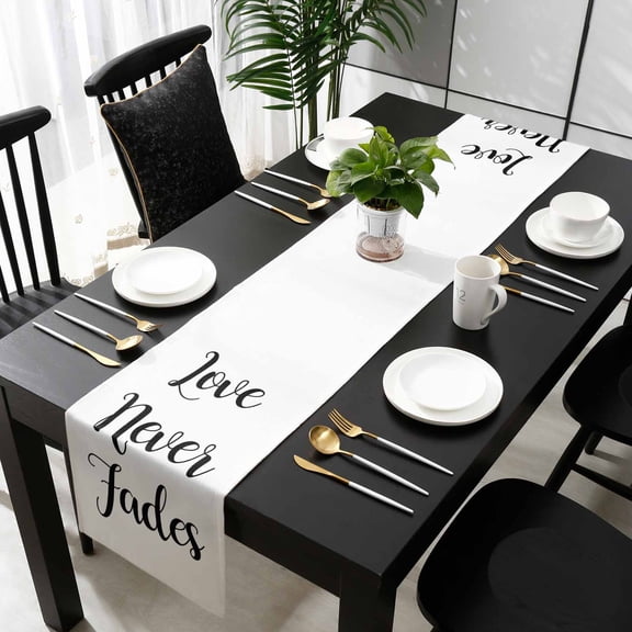 Love Never Fades Cotton Linen Small Table Runner 13 x 36 inch Simple Black Words Non-slip Rectangular Dining Table Decor for Wedding Party Holiday Dinner