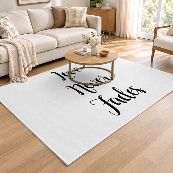 Love Never Fades Quote Black White Area Rug for Bedroom Living Room Rug 4x6ft, Soft Sponge Cushioned Non-Slip Washable Rugs, Simple Abstract Text Rectangle Rugs for Dining Room Office Nursery Home