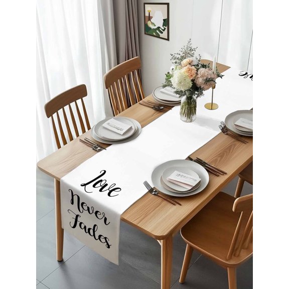 Love Never Fades Quote Black White Table Runner 13x70in Non-Slip Cotton Linen Table Runners, Simple Abstract Text Dresser Scarves TableRunner for Dinner Kitchen Dining Wedding Party
