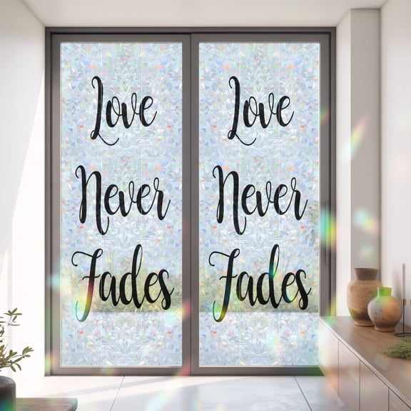 Love Never Fades Quote Black White Window Privacy Film, Rainbow Film Decorative Window Sticker 35.4x78.7in, Simple Abstract Text Sun Blocking Static Stained Glass Cling Tint Non-Adhesive
