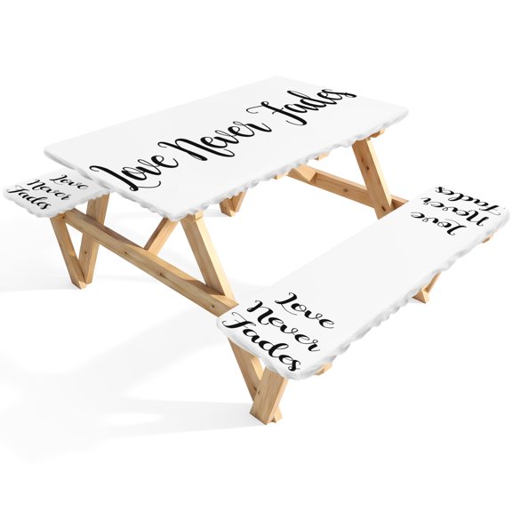 Love Never Fades Quote Picnic Table Cover with Bench Covers Funny Black White Simple Waterproof Fitted Picnic Tablecloth 3 Pieces Set Table Cloth for Outdoor Camping Garden BBQ