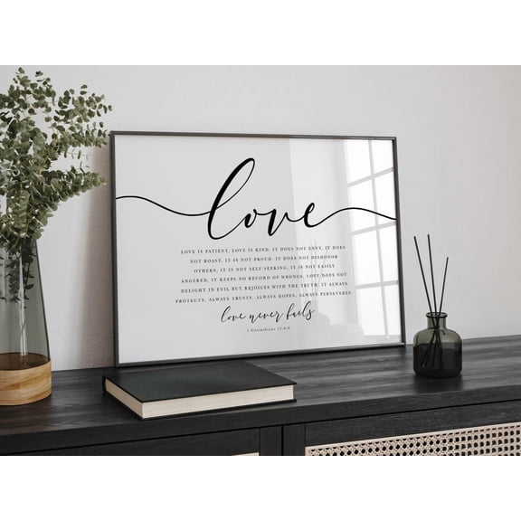 Love Never Fails Christian Decor Wall Art, Religious Wedding Gift, Horizontal Scripture Quote, Corinthians 13:4 Bible Verse UNFRAMED