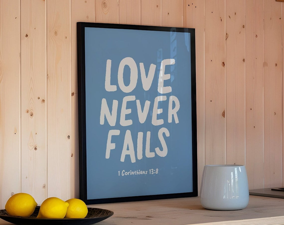 Love Never Fails Christian Wall Art Wedding Gift Bible Verse Minimalist ...