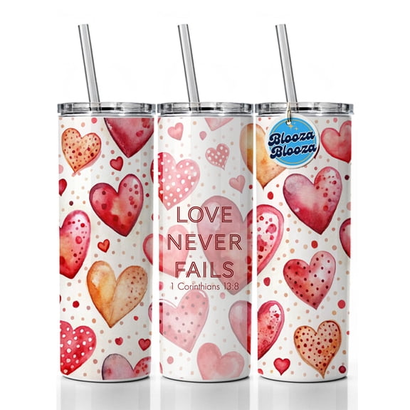 Love Never Fails Corinthians Red Hearts Christian Inspirational 20oz Insulated Water Bottle Skinny Tumbler Includes Straw