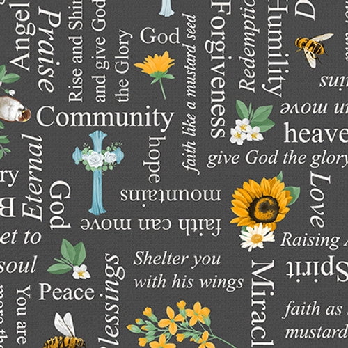 Cotton Love Never Fails Faith Words Phrases Script Text Flowers Crosses Worship Christianity Blank Quilting Charcoal Cotton Fabric Print by the Yard (3915-95)
