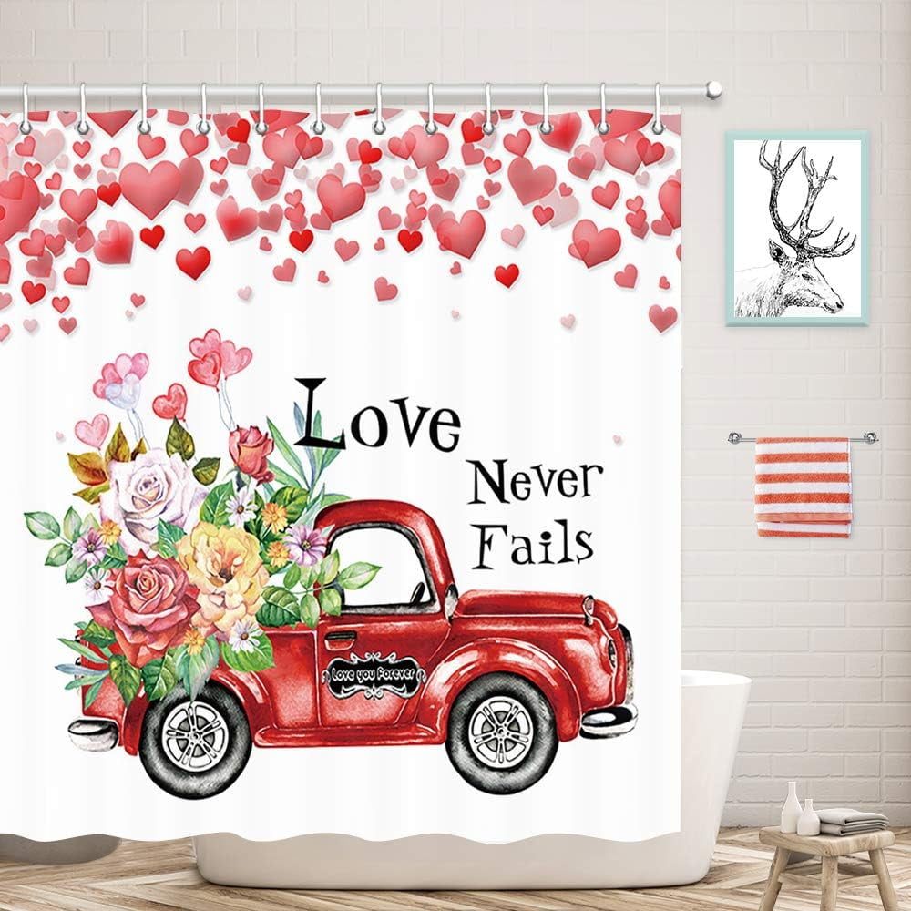 Love Never Fails with Retro Red Truck Shower Curtains, Rustic Truck