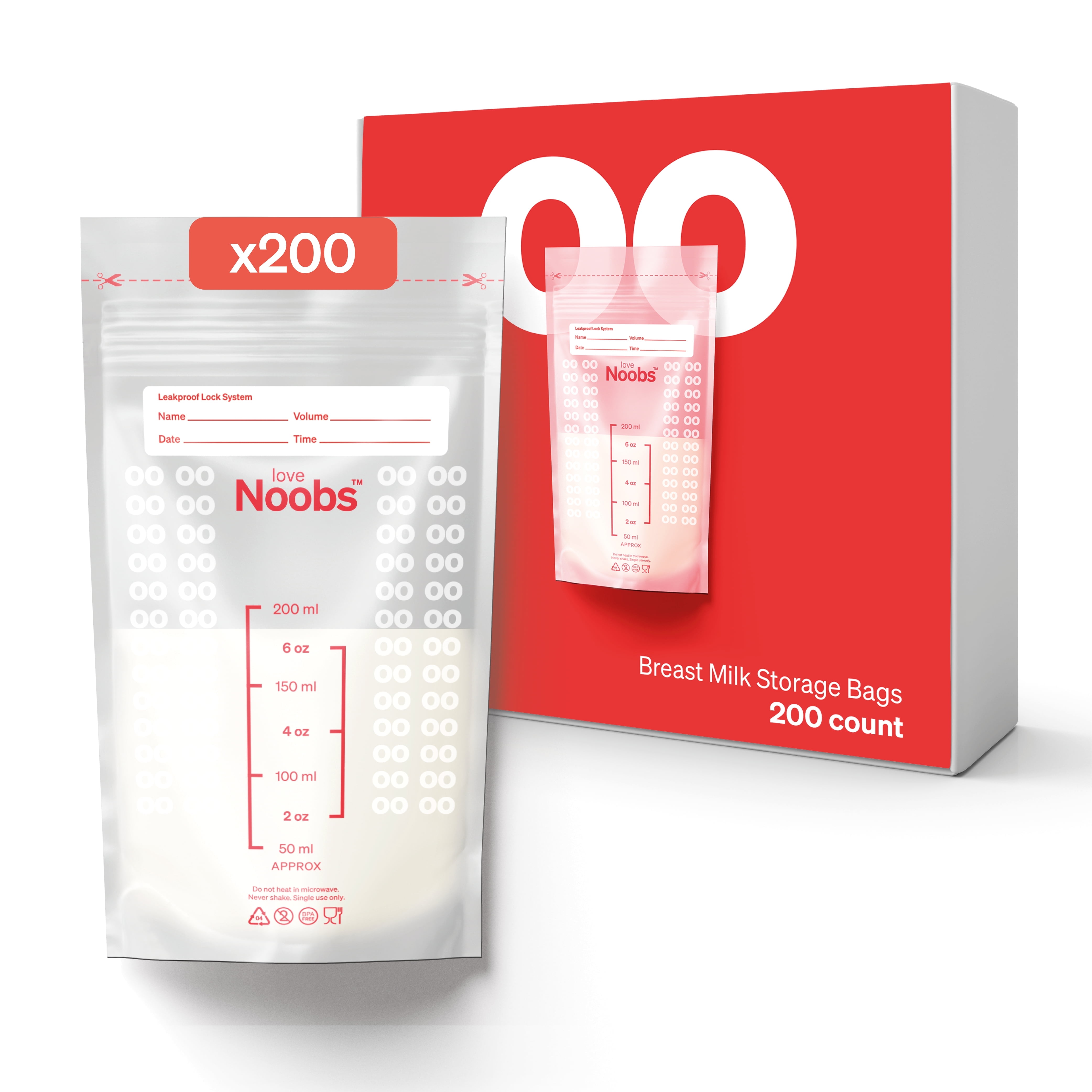 Love Noobs Breastmilk Storage Bags, Freezer Safe, 200 Count - 6 Oz, Pre-Sterilized, BPA-Free, Transparent