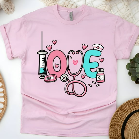 Love Nurse Graphic T-Shirt for Women Men | Cute Medical Pastel Tee, Light Pink, Size S