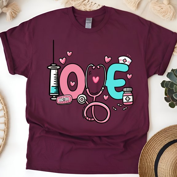 Love Nurse Graphic T-Shirt for Women Men | Cute Medical Pastel Tee, Maroon, Size L
