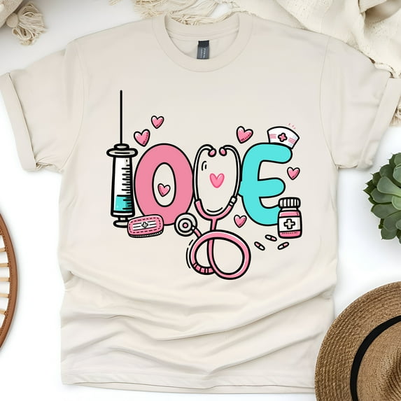 Love Nurse Graphic T-Shirt for Women Men | Cute Medical Pastel Tee, Natural, Size L