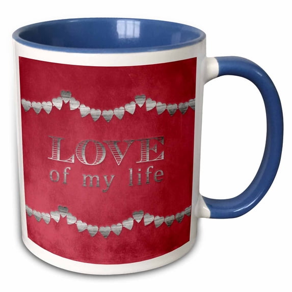 3drose, Love of My Life, Silver Hearts on Pink, 15oz Two-tone Blue Mug