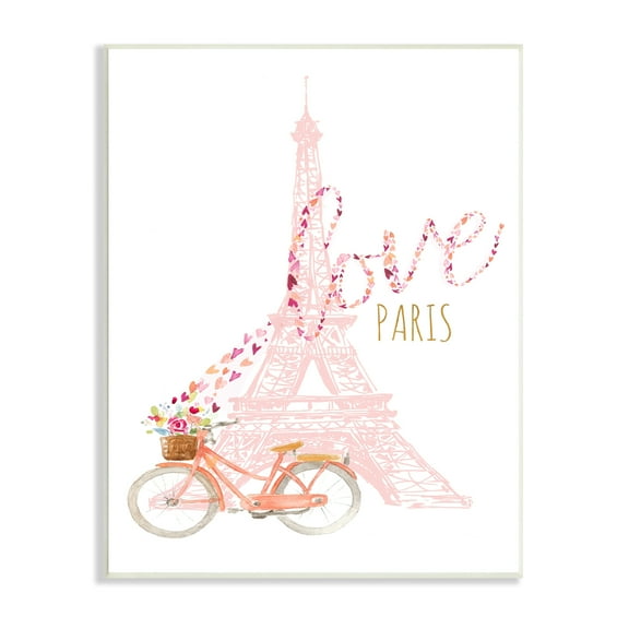 Love Paris Pink Eifel Tower Flower Bicycle Hearts 13 in x 19 in Framed Painting Art Print, by Stupell Home Décor