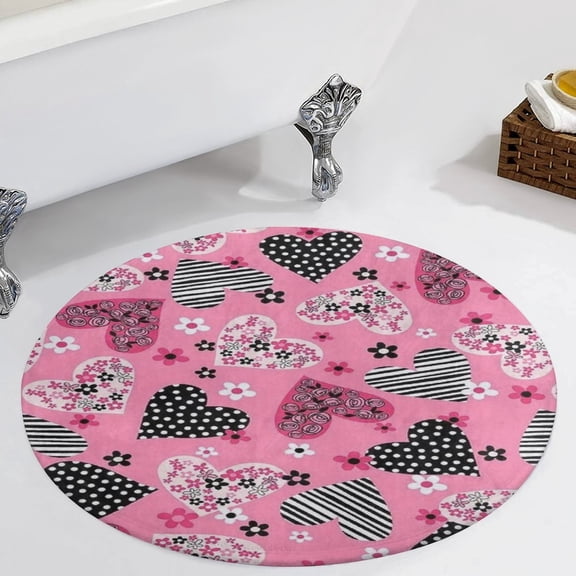 Love Pattern Black And White Polka Dots Roses Wildflowers Round Carpet Circle Rug Outdoor Patio Area Rug Washable Large Area Rugs Hallway Room Decor Fitness Mats