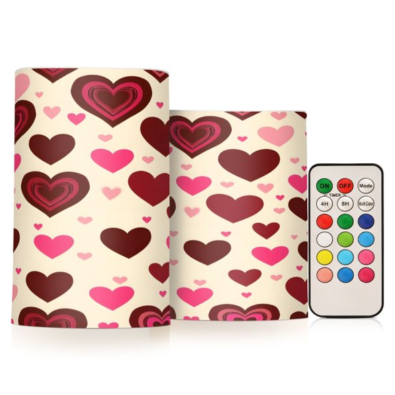 Love Pattern Flameless LED Candle Set with Remote, Battery Operated Color Changing Pillar Candles, Set of 2