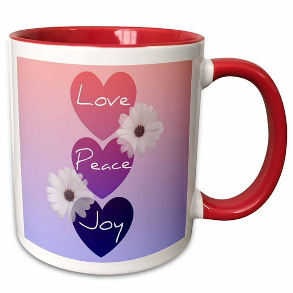3drose, Love, Peace, Joy Flowers and Hearts- Inspirational Art, 11oz Two-tone Red Mug