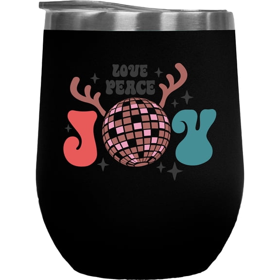 Love Peace Joy & Reindeer Antlers Art, Christmas Merch Gift, Black 12oz Wine Tumbler