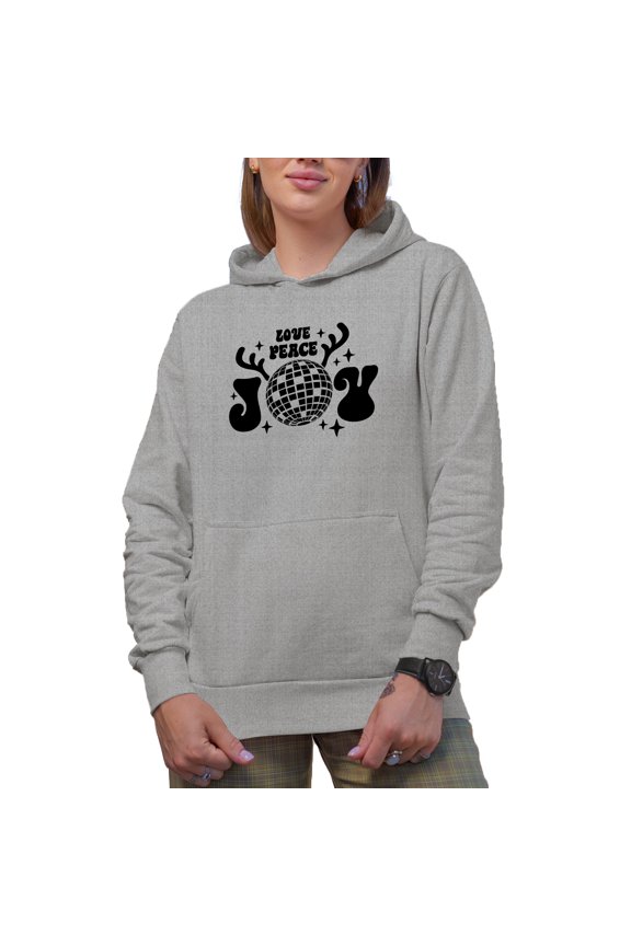 Love Peace Joy with Reindeer Antlers Art, Christmas Merch Gift, Heather Grey Hooded Sweatshirt or Hoodie, XL