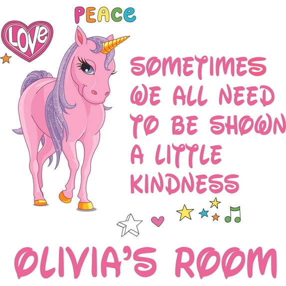 Love Peace Kindness Unicorn Cartoon Customized Wall Decal - Custom Vinyl Wall Art - Personalized Name - Baby Girls Boys Kids Bedroom Wall Decal Room Decor Wall Stickers Decoration Size (20x20 inch)