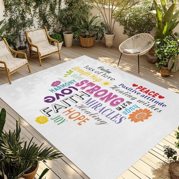 Love Peace Outdoor Rug 3x5 Ft - Reversible Patio Rug Outdoor Camping Rugs, Colorful Inspirational Quotes with Love Heart Indoor Outdoor Area Rugs, Non-Slip Outdoor Carpet Runner for Deck/Porch