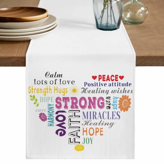 Love Peace Table Runner 36 Inches, Colorful Inspirational Quotes with Love Heart Bed Runner Dresser Scarves Tabletop for Indoor Outdoor Parties/Ceremony/Banquet, 13"x 36"