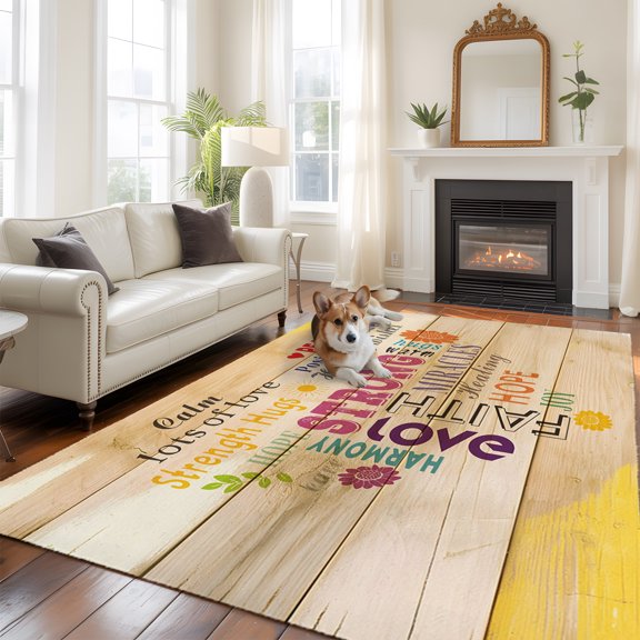 Love Peace Text Area Rugs 5x7 Ft, Washable Bedside Rugs Low Pile Office Carpet, Farmhouse Inspirational Quotes Wooden Non Slip Rugs for Living Room Bedroom Dining Room Classroom Playroom Home Decor