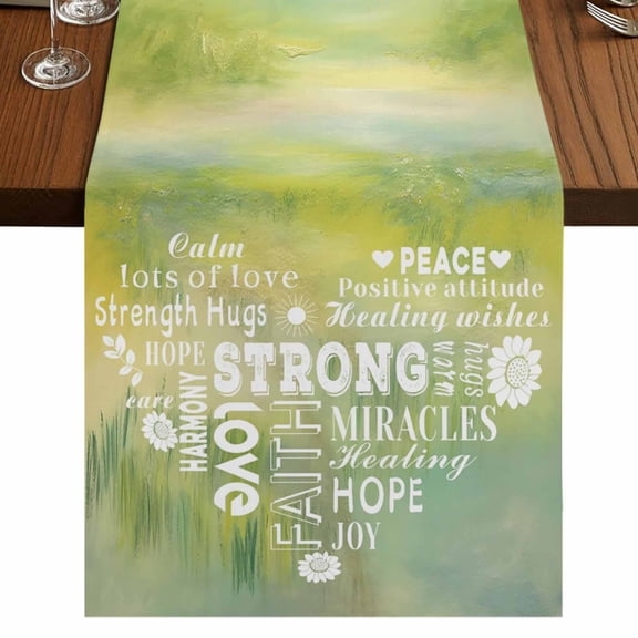 Love Peace Text Burlap Cotton Table Runner 13x48 Inches Long, Green Inspirational Quotes Sunflowers Farmhouse Table Runners, Outdoor Dining Tablecloths Decor for Baby Shower/Party/Wedding
