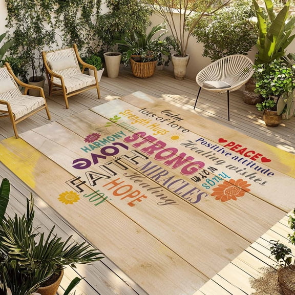 Love Peace Text Outdoor Rug 3x5 Ft - Reversible Patio Rug Outdoor Camping Rugs, Farmhouse Inspirational Quotes Wooden Washable Indoor Outdoor Area Rugs, Non-Slip Outdoor Carpet Runner for Deck/Porch