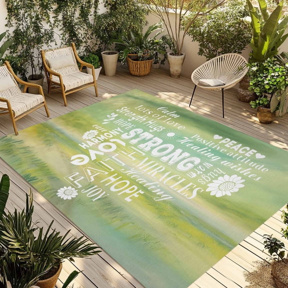 Love Peace Text Outdoor Rug 3x5 Ft - Reversible Patio Rug Outdoor Camping Rugs, Green Inspirational Quotes Sunflowers Washable Indoor Outdoor Area Rugs, Non-Slip Outdoor Carpet Runner for Deck/Porch