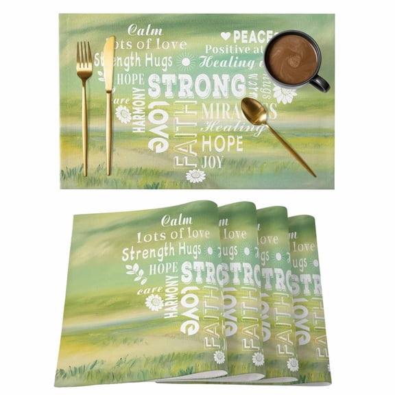 Love Peace Text Placemats Set of 8 Green Inspirational Quotes Sunflowers Place Mats Indoor Wipeable Table Mats Washable Cloth Dining Table Placemats for Kitchen Holiday Party Home Decor 13x19 Inch