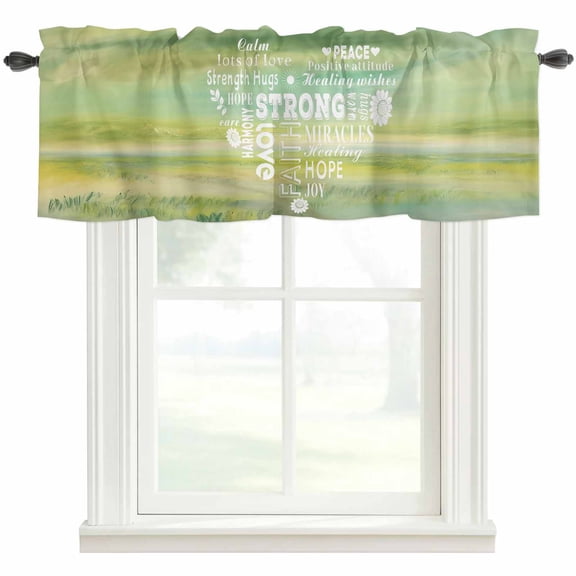 Love Peace Text Rod Pocket Curtain Valance, Green Inspirational Quotes Sunflowers Farmhouse Window Valance for Living Room, Bedroom, Kitchen 42"W x 12"L