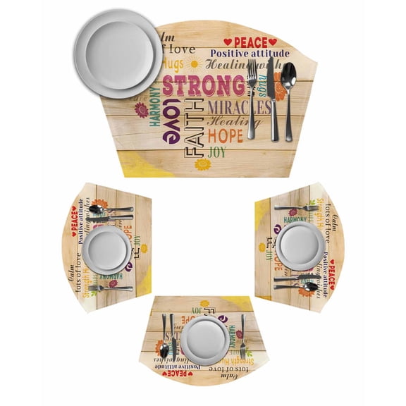 Love Peace Text Round Placemats Set of 6, Farmhouse Inspirational Quotes Wooden Placemats for Round Dining Table Shape Wedge Placemats for Outdoor Indoor Wipeable Clean Table Place Mats