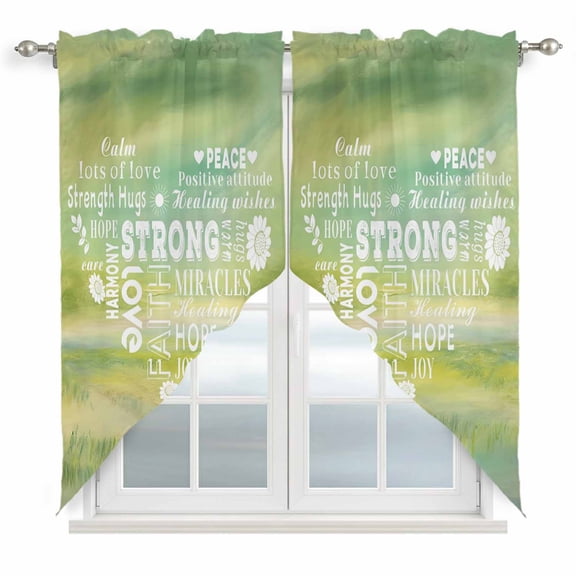 Love Peace Text Swag Curtains for Living Room/Bedroom, Green Inspirational Quotes Sunflowers Swag Kitchen Curtain Valances for Windows, Tier Topper Scalloped Curtain 2 Panels, 72"W x 63"L
