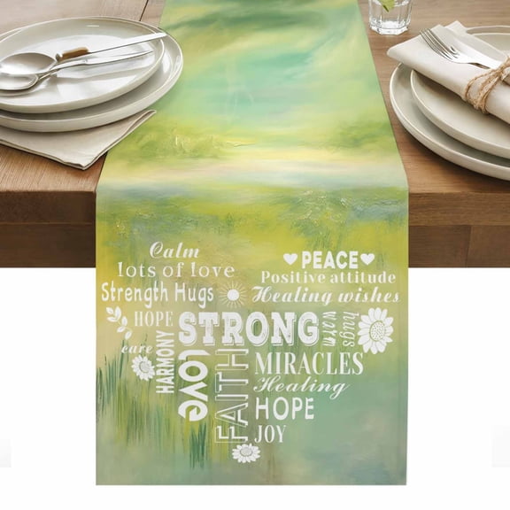 Love Peace Text Table Runner - 36 Inch Long, Kitchen Dining Table Runner Dresser Scarves, Green Inspirational Quotes Sunflowers Farmhouse Decor for Coffee Tables Wedding Party Banquet