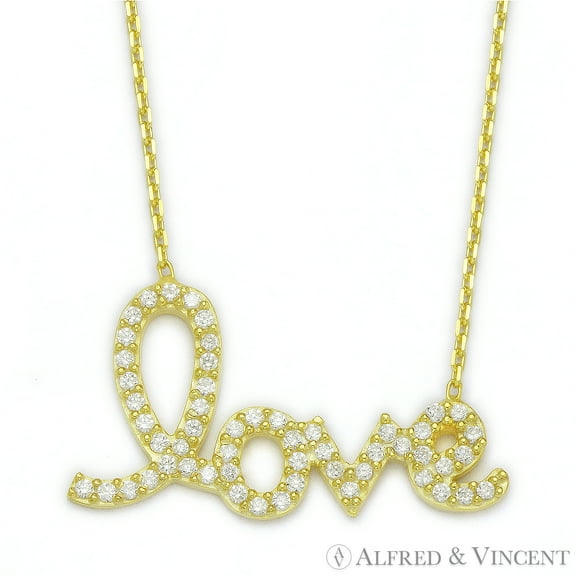 "Love" Pendant & Chain Necklace w/ CZ Crystals in .925 Sterling Silver - Medium Size