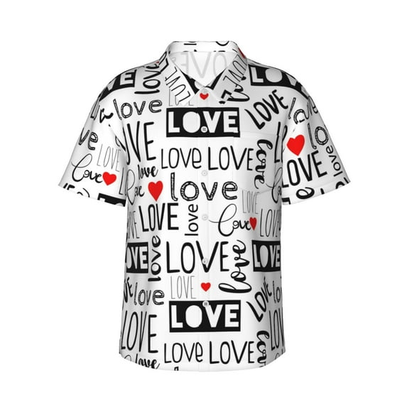 Love Phrases And Hearts For Valentine'S Day Men's 3d Print Casual Button Down Shirts, Novelty Hawaiian Short Sleeves L