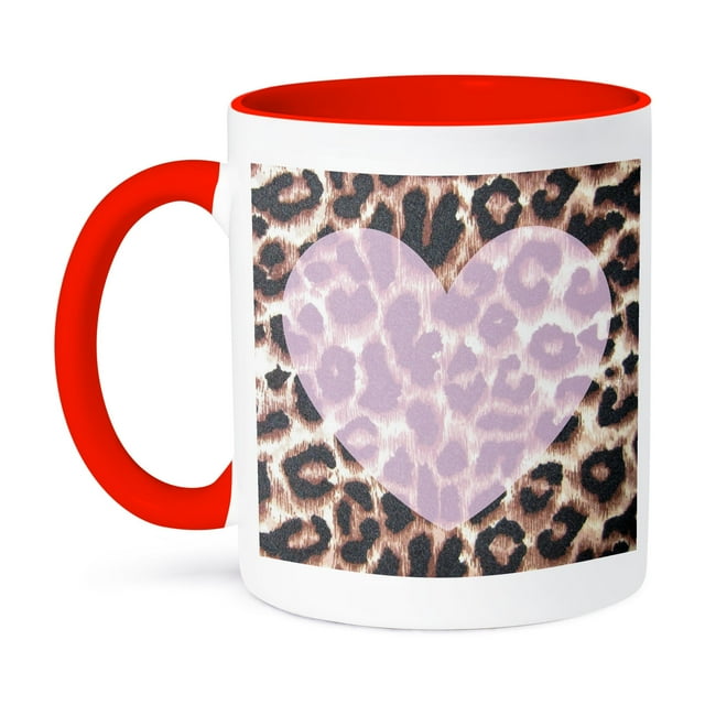 3dRose, Love Pink Heart Leopard Print Animal Prints, 11oz Two-Tone Red Mug