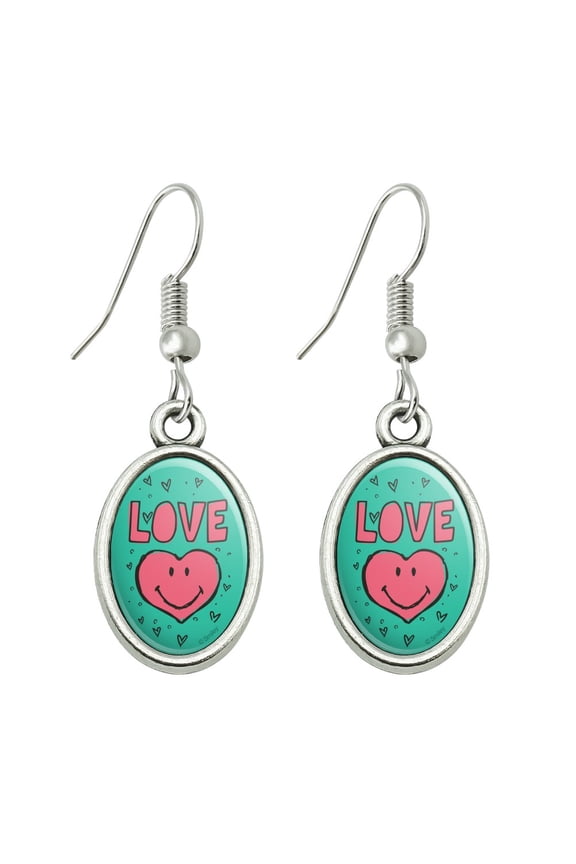 Love Pink Heart Shaped Smiley Face Novelty Dangling Drop Oval Charm Earrings